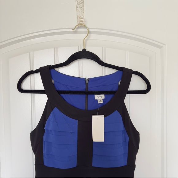 Cache 4 Royal Blue Black Color-block Cocktail Pleated Sleeveless Sheath Dress - Picture 3 of 8